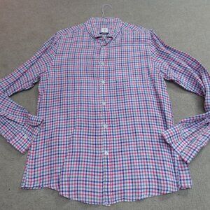 Mudo Shirt Large Blue White Fuschia Plaid Check 100% Linen